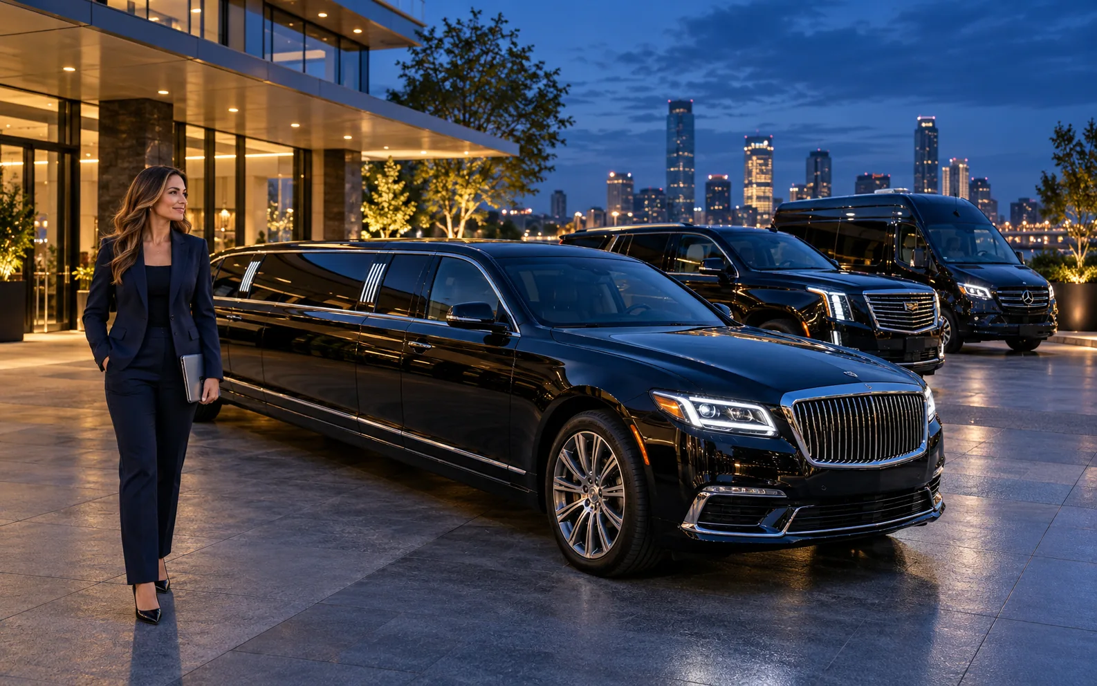Illustrative limousine business owner beside a black stretch limousine, luxury SUV and executive van at blue hour