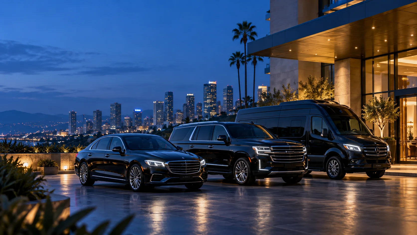 Illustrative chauffeur vehicles: a luxury sedan, SUV and executive van at blue hour