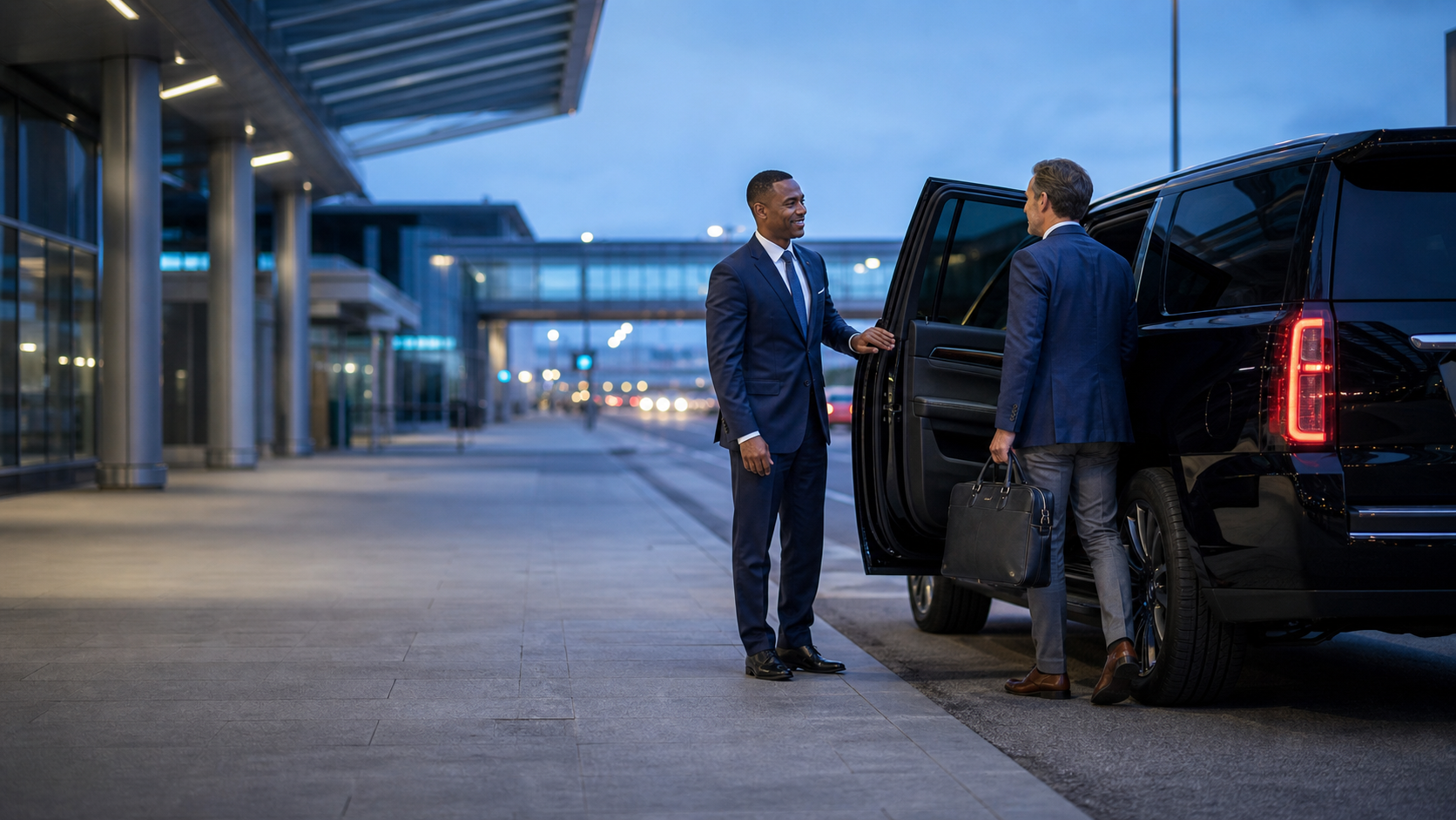 Airport limo chauffeur greeting a traveler beside a luxury black car