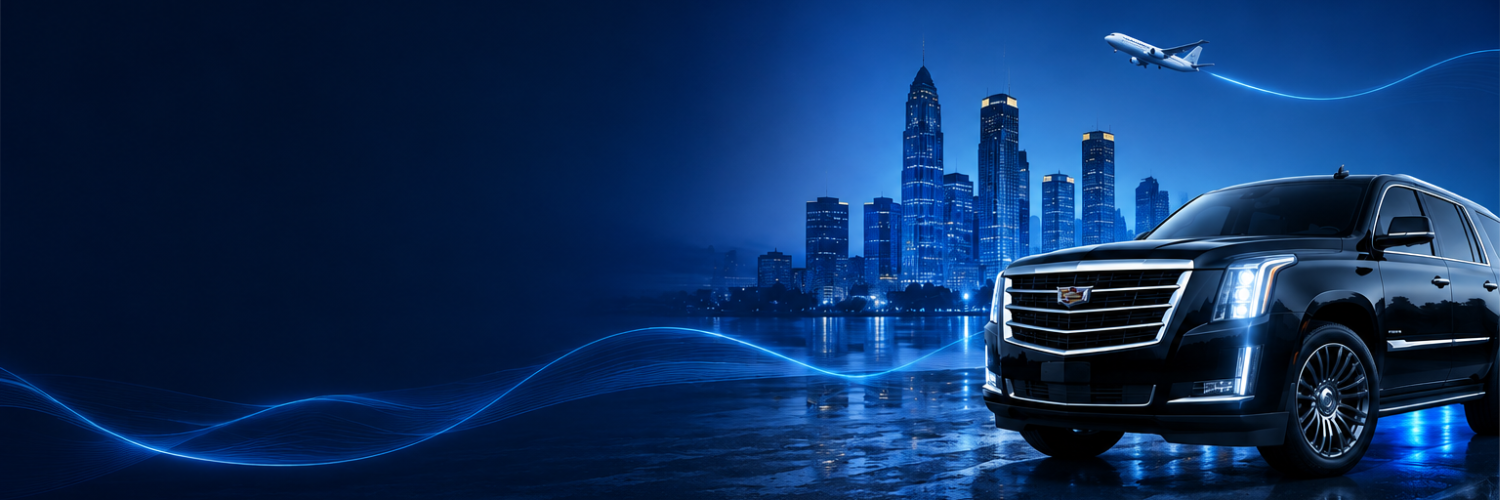 Luxury black limousine and city skyline for a quote request from Shambhu Listing