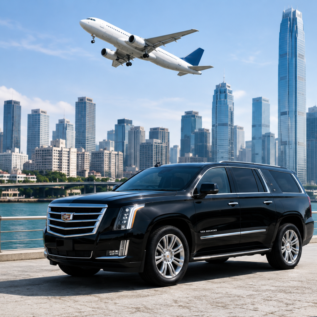 Luxury black SUV and airplane for nationwide limousine and airport transportation
