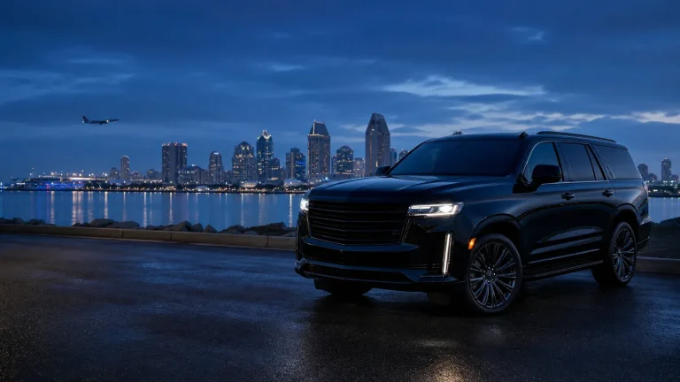Editorial image of black SUV transportation with the San Diego skyline