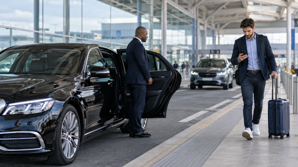 Traveler with luggage beside a black car at an illustrated airport pickup area