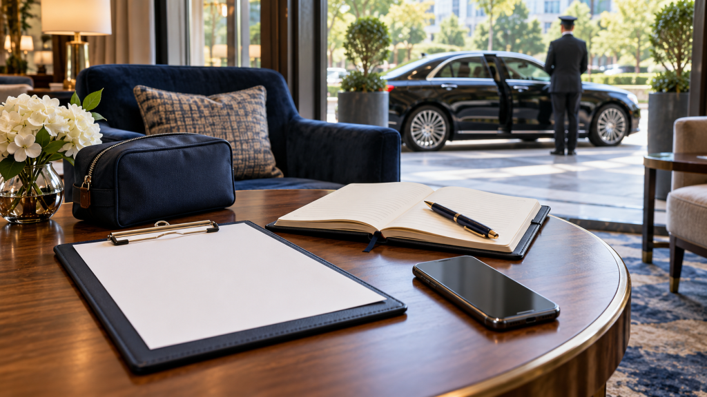 Trip planning checklist and phone on a table with a black car visible outside