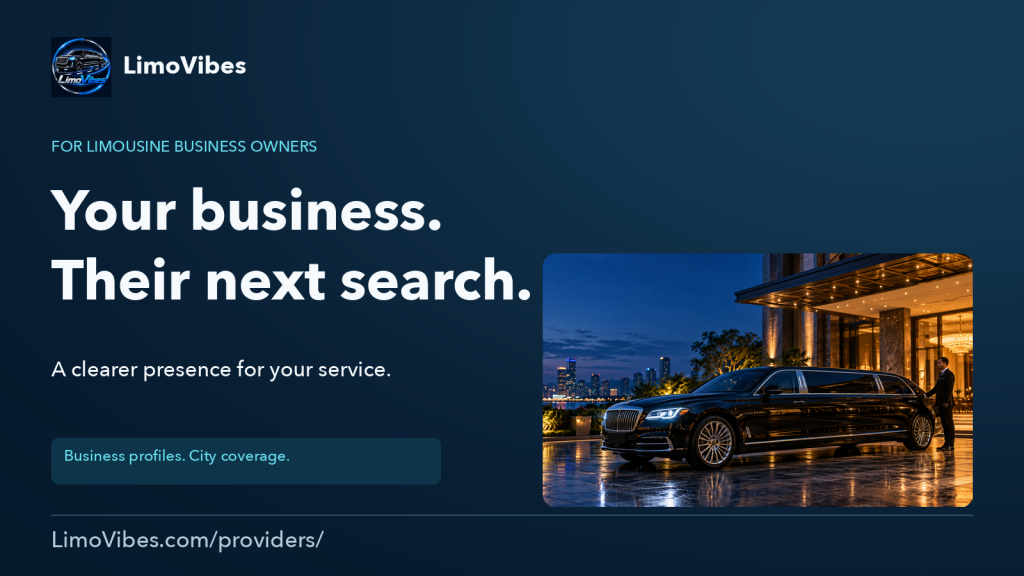 LimoVibes: Your business. Their next search. A black stretch limousine and chauffeur outside a hotel at dusk; business profiles and city coverage.