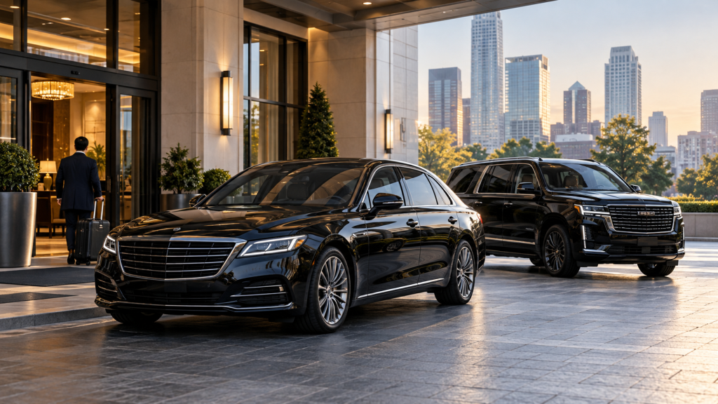 Black sedan and SUV outside a hotel entrance in an illustrative transportation scene